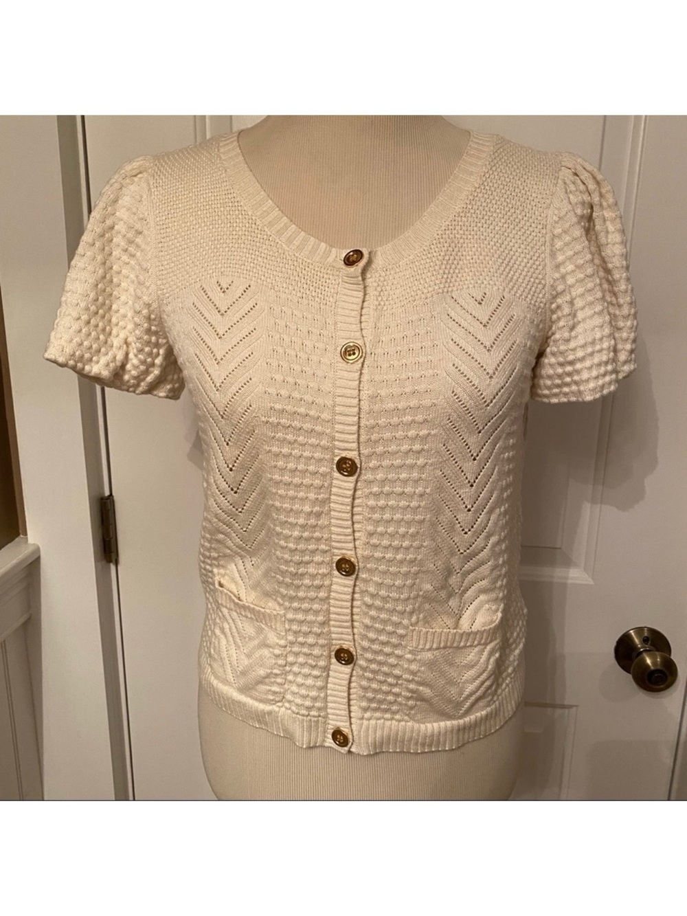 JUICY COUTURE SWEATER CARDIGAN CREAM SHORT PUFF SLEEVE BUTTON FRONT Size L